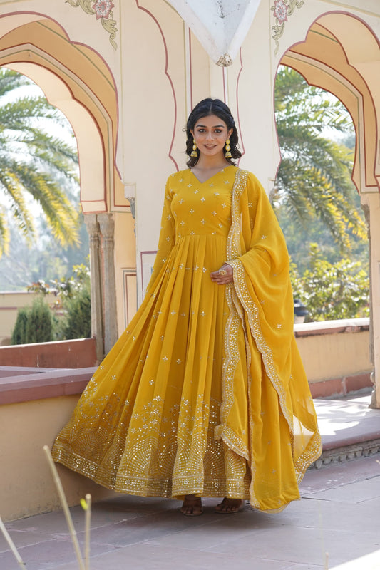 Premium Designer Readymade Gown with Dupatta – Faux Georgette, Zari & Sequins Embroidery