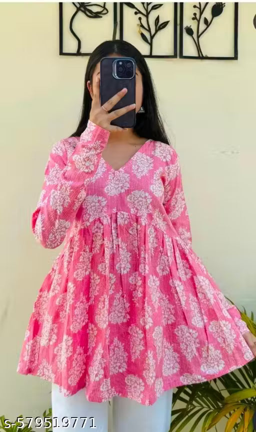 Gujarati printed Anarkali v-neck pink colour top