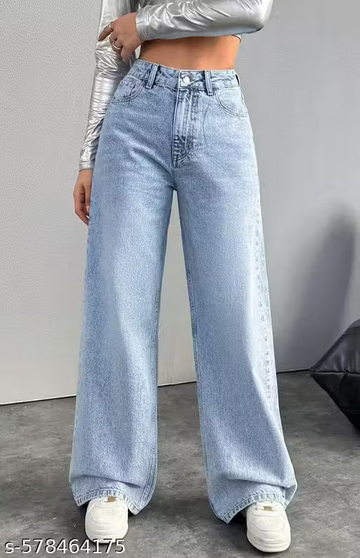 NEW BAGGY WOMEN HIGH WAIST WIDE LEG DENIM LIGHT BLUE JEANS