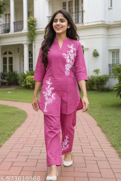 Sevgi Girl's Cotton Kurta Pant Set, with Floral Print, 3/4 Sleeve V-Neck